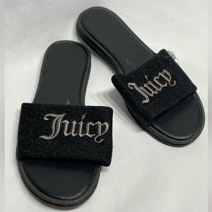 women’s size 7 Juicy Couture black fuzzy slides with gold embroidery, good cond